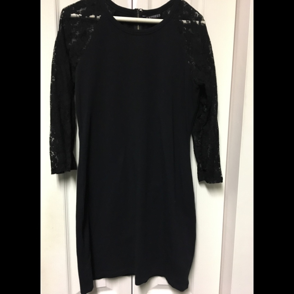 Mini Black Dress with Nylon Sheer Sleeves.